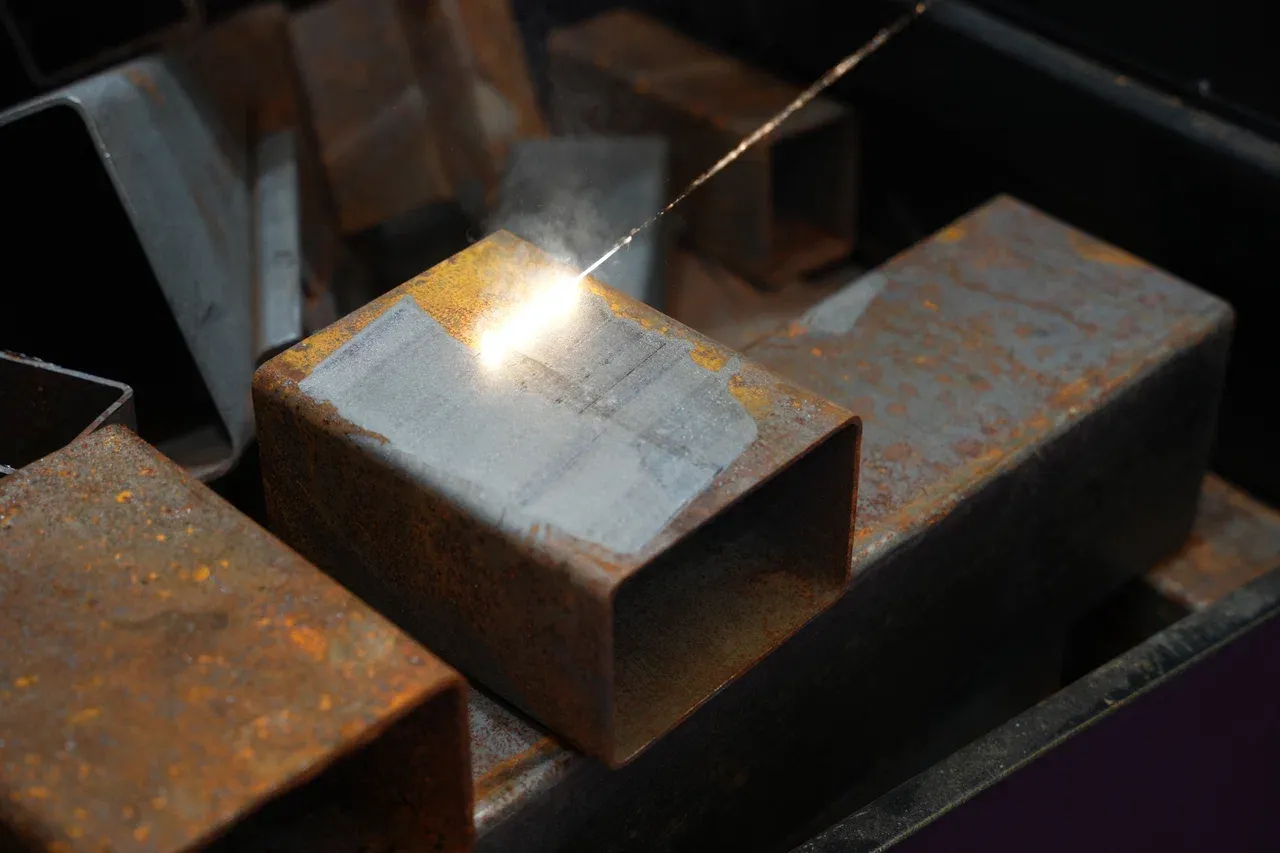 Крупный план удаления ржавчины с профильной трубы лазерным лучом.