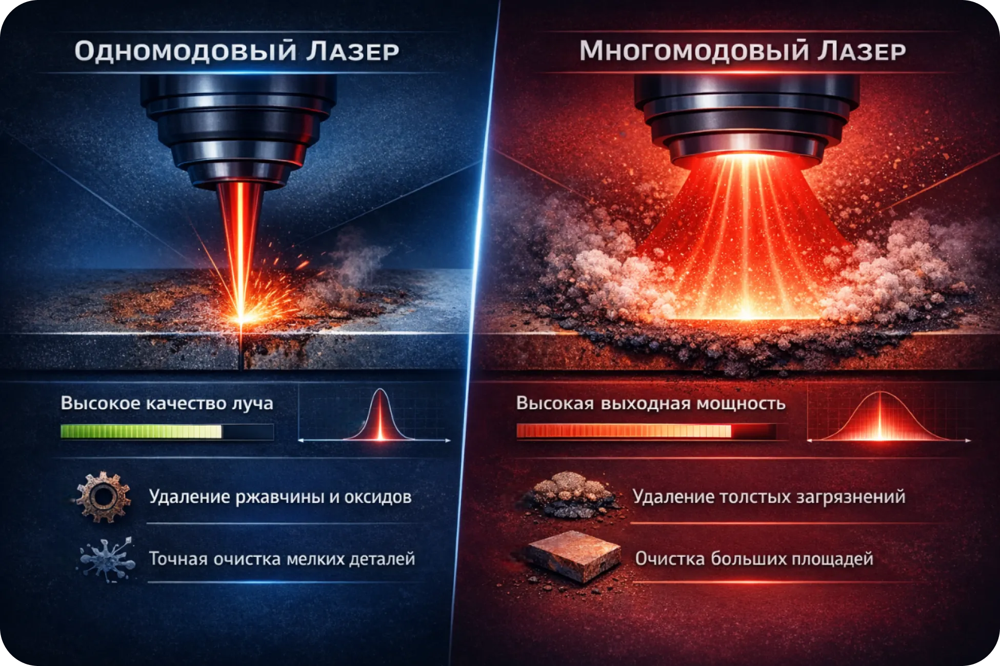 Инфографика сравнения одномодового и многомодового лазеров: точечная и широкая очистка поверхности разными типами луча