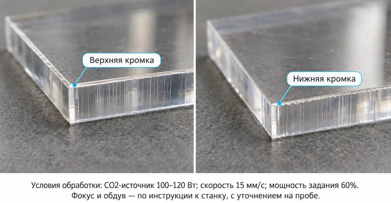Верхняя и нижняя кромки листа акрила после CO2-резки: вид торца и подпись со скоростью, мощностью задания и условиями обдува.