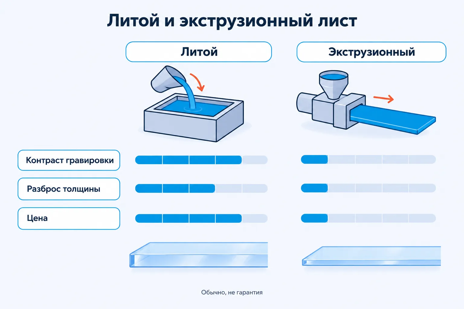 Сравнение литого и экструзионного листа акрила по контрасту гравировки, разбросу толщины и цене