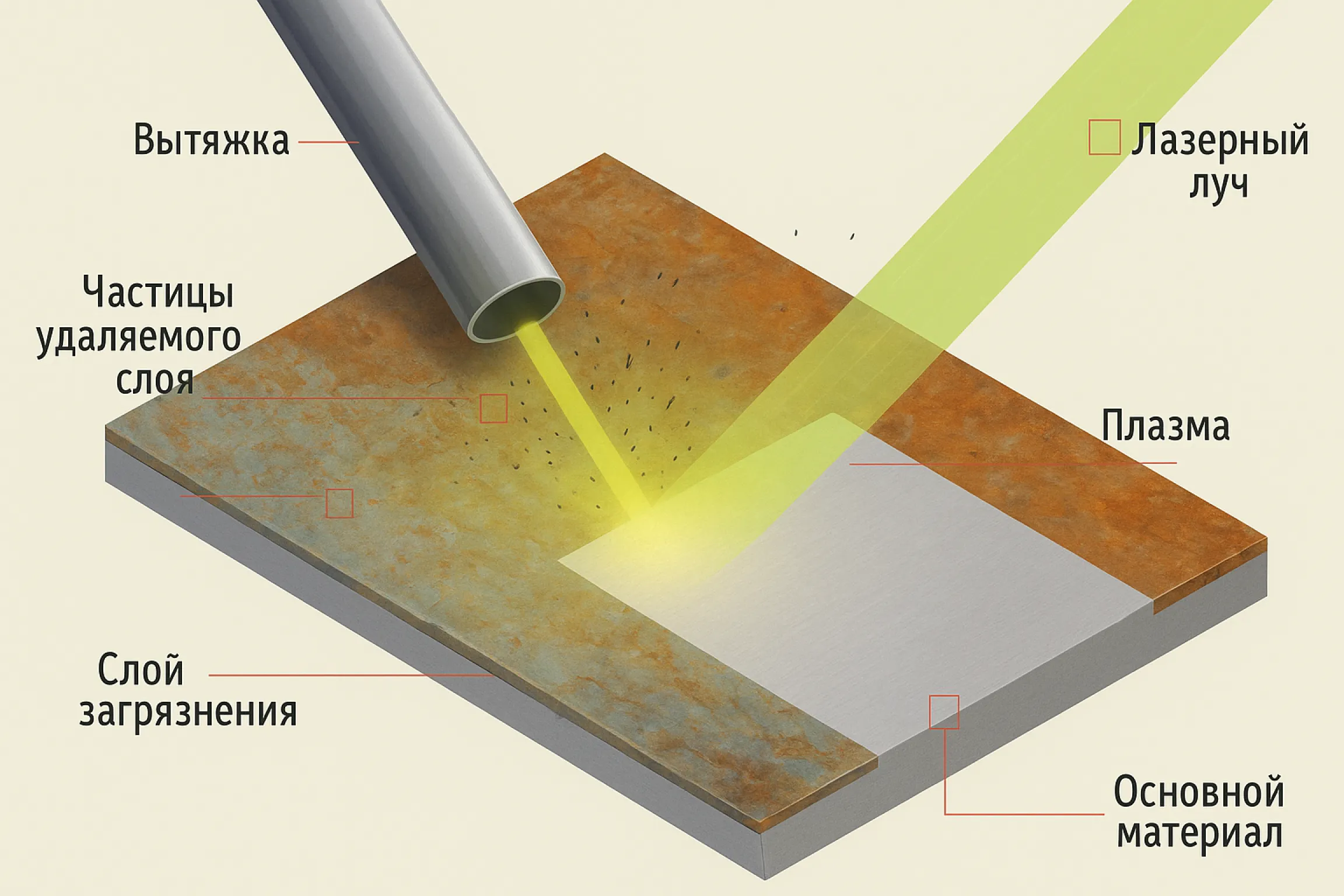 Лазерная очистка металла: луч удаляет ржавчину и оксид, образуя плазму и выбивая частицы загрязнений
