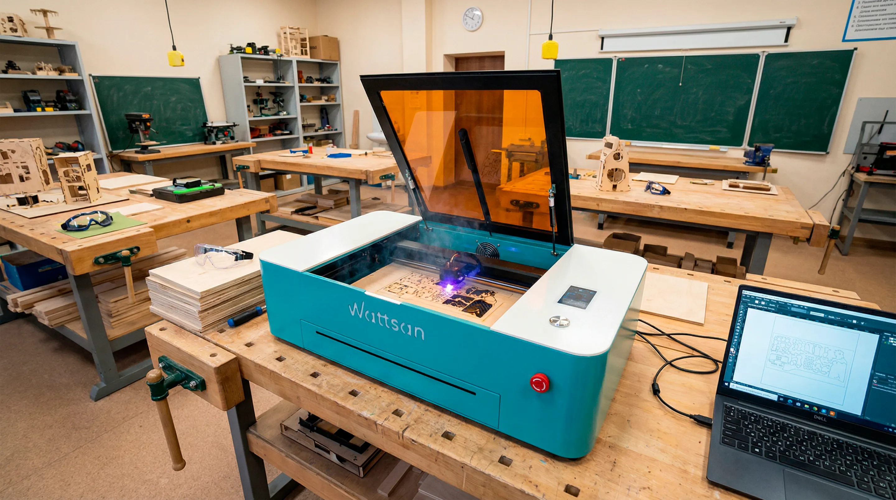 Профессиональный лазерный станок с ЧПУ Wattsan в учебной мастерской. Вид спереди, демонстрирующий рабочую зону и компактный дизайн для школ.