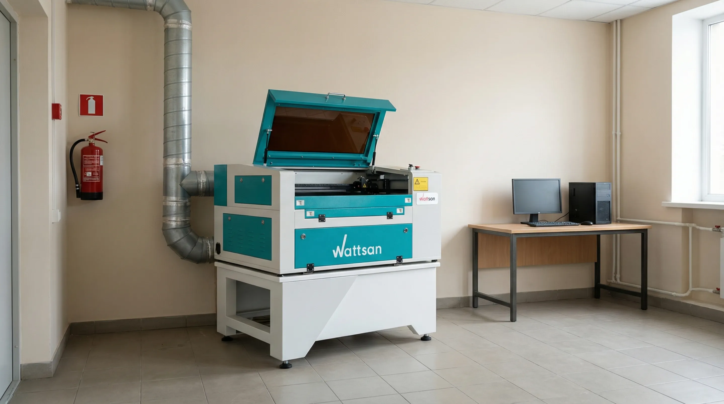 Лазерный CO2 станок Wattsan бирюзового цвета, установленный в современном школьном классе для занятий техническим творчеством.