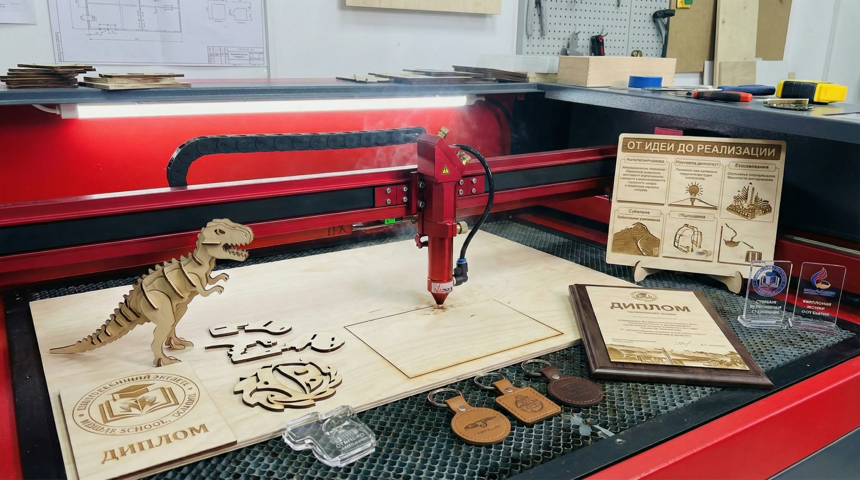 Примеры изделий из дерева, изготовленных школьниками на лазерном станке: сборная модель динозавра, декоративные подставки и гравированные дипломы.