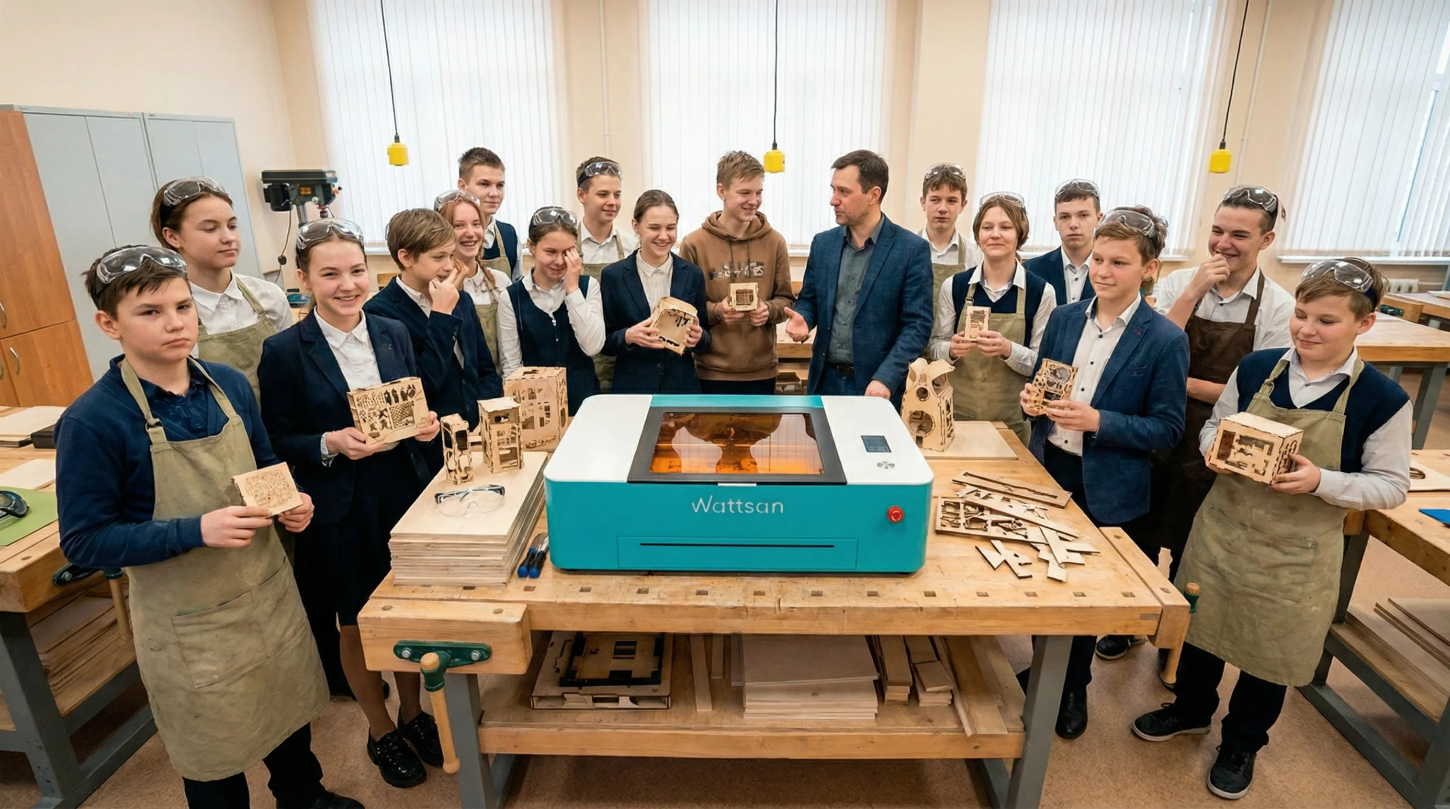 Учителя и ученики в школе после урока: оборудованные верстаки, лазерный станок Wattsan и выставка готовых работ учеников.