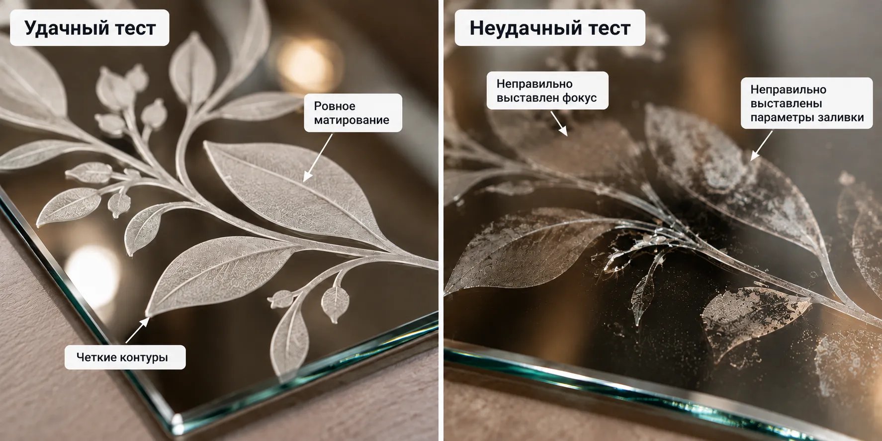 Сравнение удачной и неудачной лазерной гравировки стекла: ровное матирование и дефекты из-за фокуса и режима заливки в тесте
