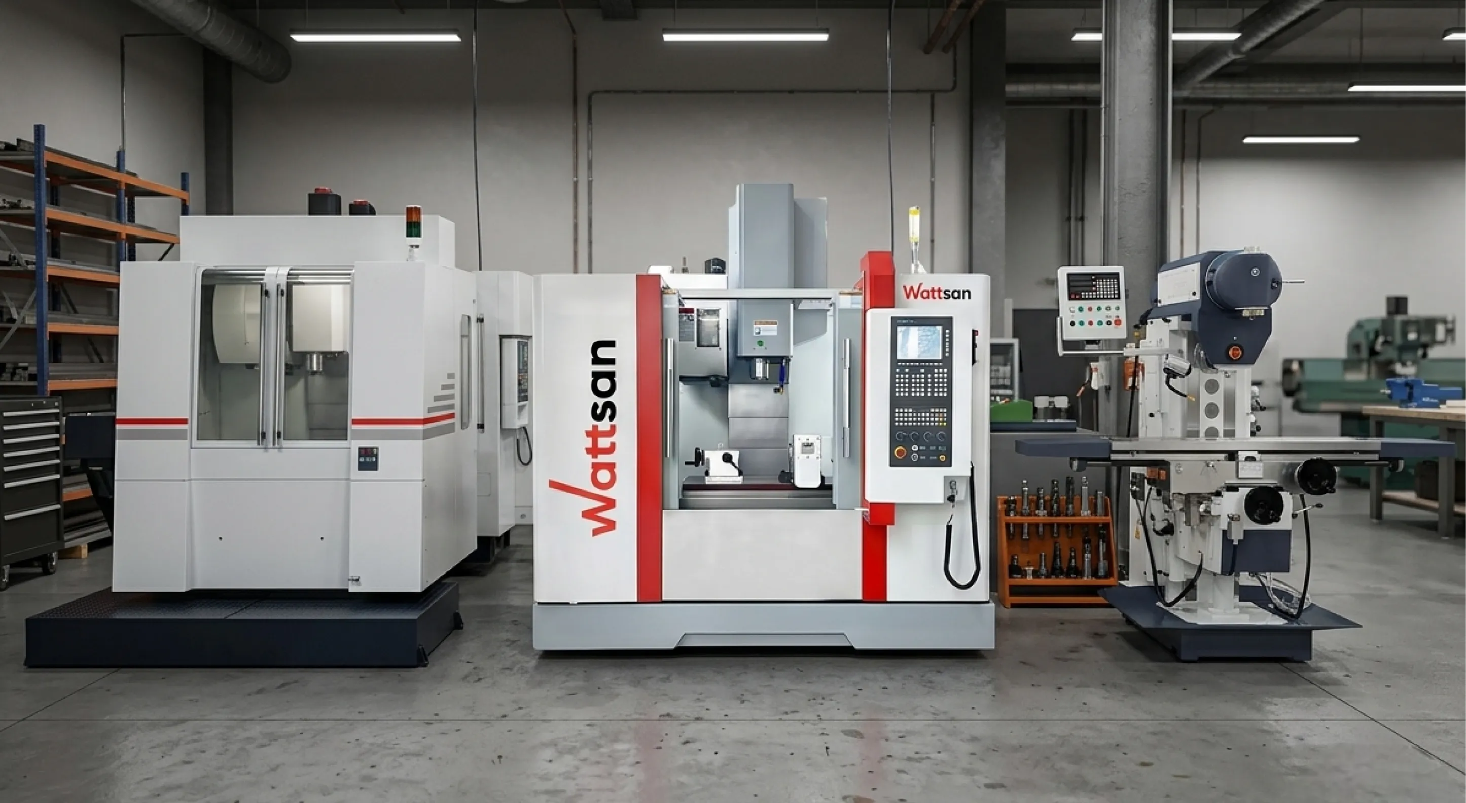 Линейка промышленного оборудования в цеху: слева закрытый ЧПУ-центр, в центре вертикально-фрезерный ЧПУ WATTSAN, справа универсально-фрезерный станок.