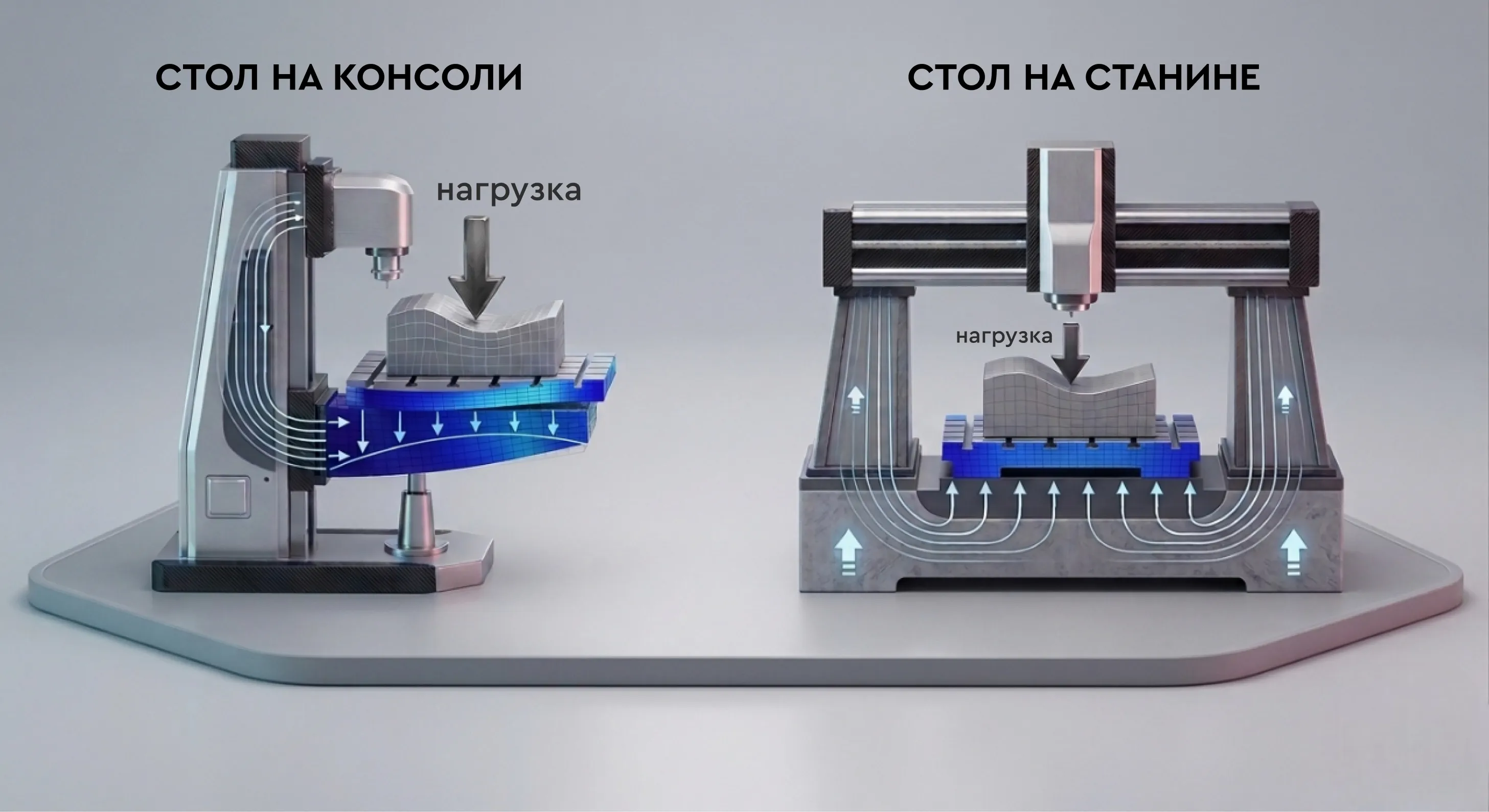 Сравнение конструкции консольного фрезерного станка и станка на станине: 3D-визуализация распределения нагрузок и жесткости металла.