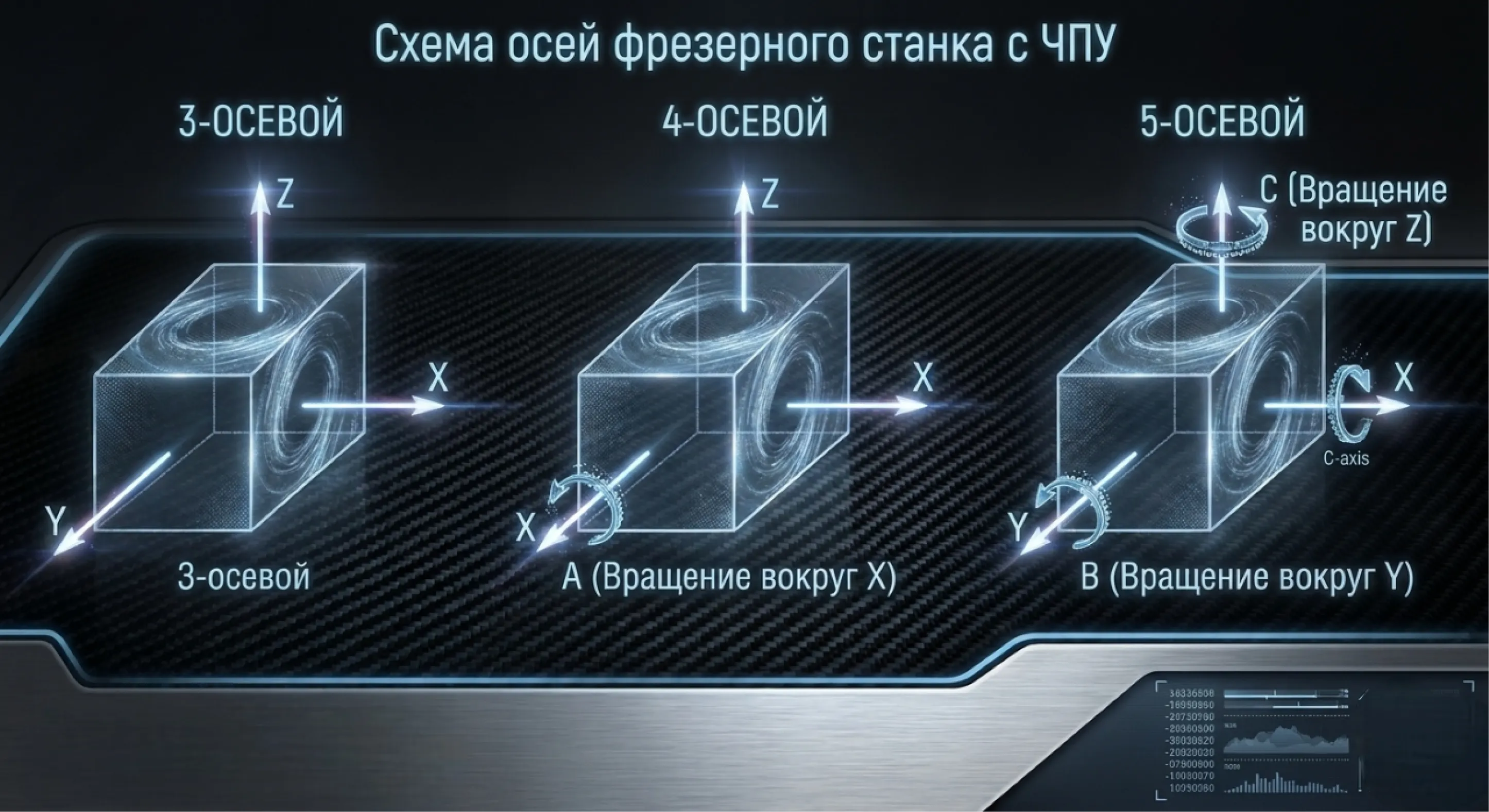 Схема осей фрезерного станка с ЧПУ: сравнение 3-х, 4-х и 5-осевой обработки с указанием осей X, Y, Z, A, B, C.