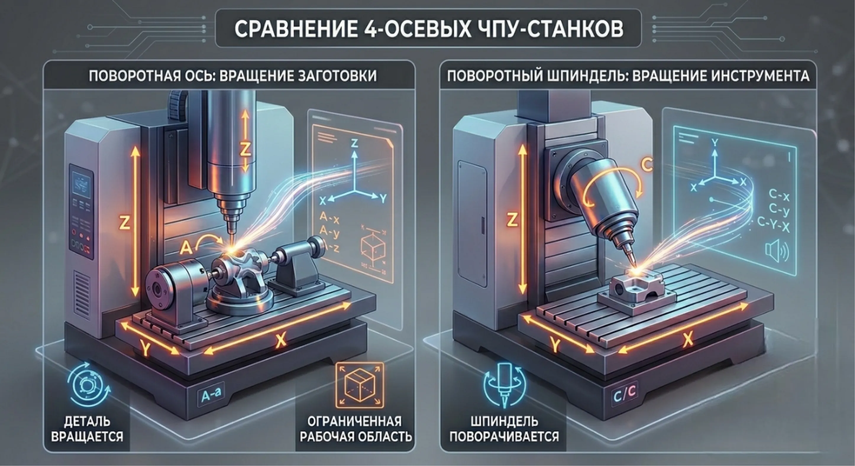 Сравнение 4-осевых ЧПУ станков: схема работы с поворотной осью заготовки против станка с поворотным шпинделем