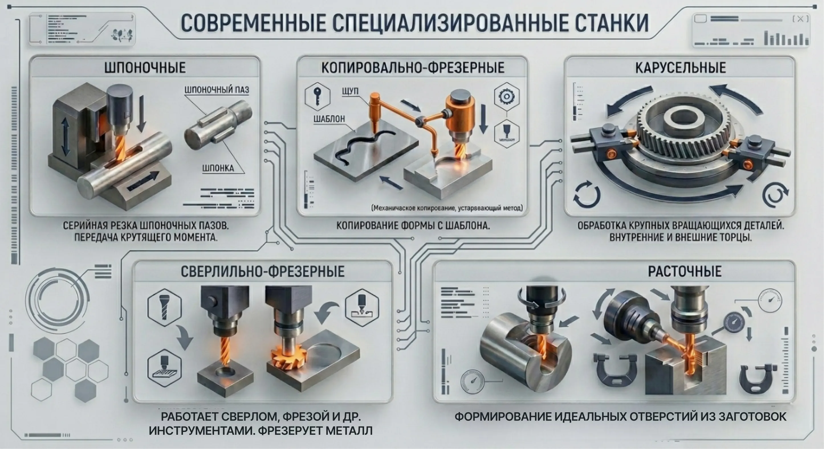 Инфографика современных специализированных станков для металлообработки: шпоночные, копировально-фрезерные, карусельные, сверлильно-фрезерные и расточные станки с описанием принципа их работы.