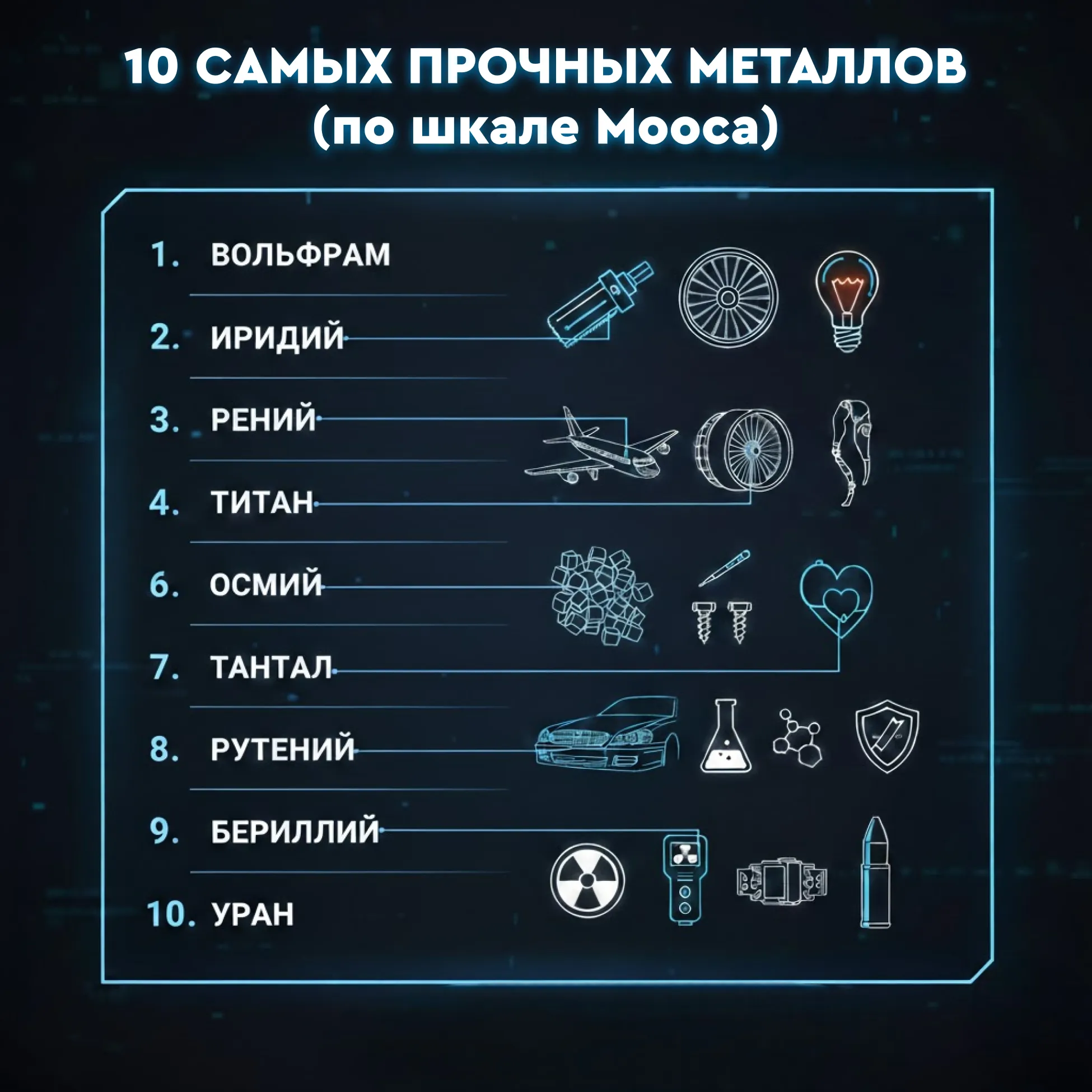 Инфографика &laquo;10 самых прочных металлов&raquo;: список от вольфрама до урана с иконками их применения в технике и медицине