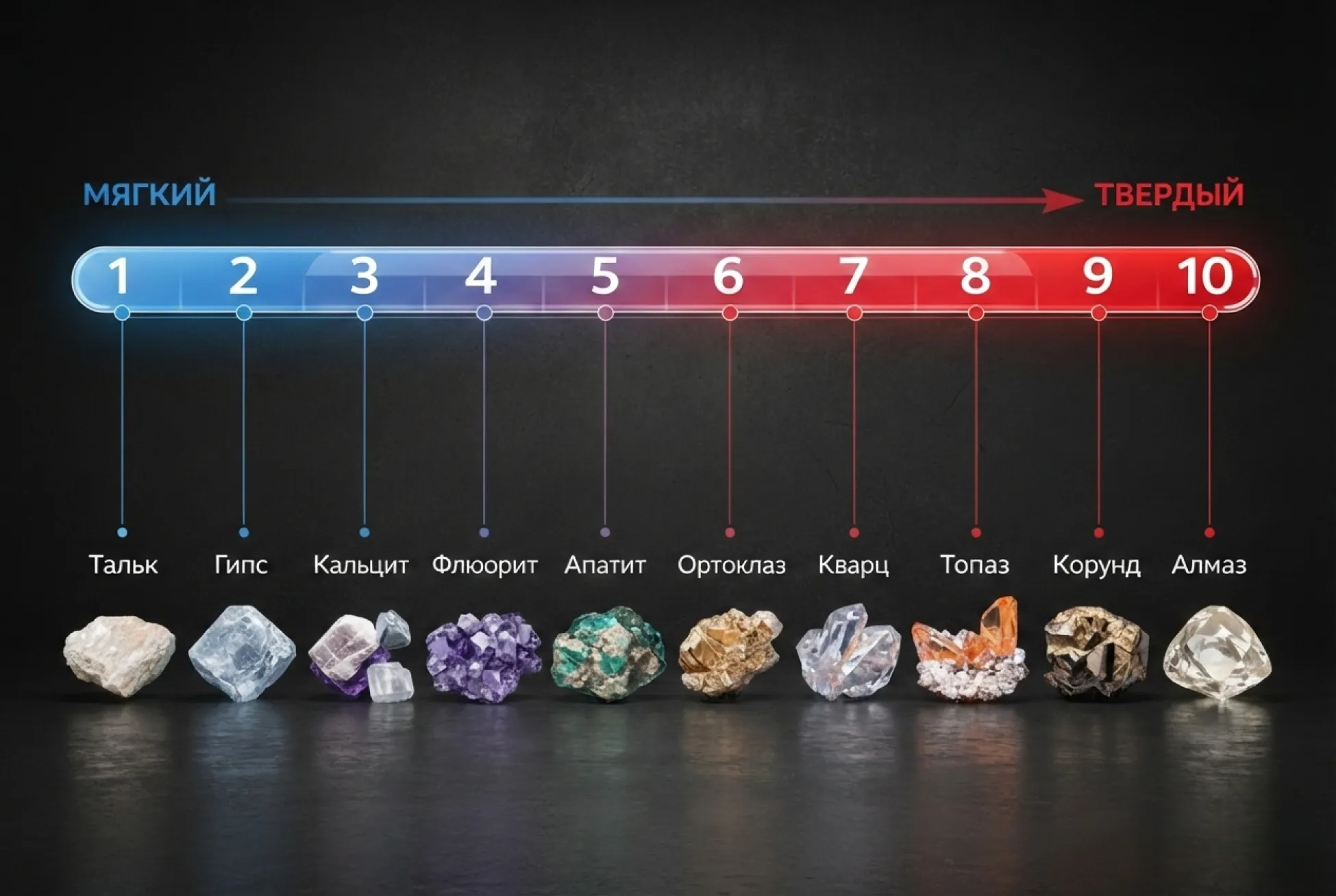 Инфографика шкалы Мооса 1&ndash;10: 3D-образцы минералов от талька до алмаза на темном фоне с подписями на русском языке.