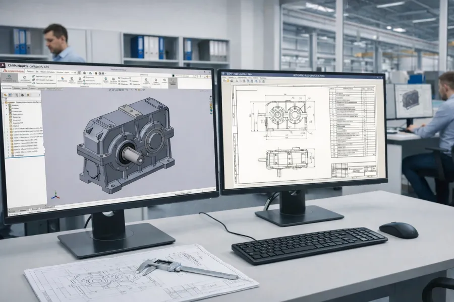 Два монитора с CAD-моделью и чертежом редуктора на рабочем столе инженера с клавиатурой, мышью и чертежами.