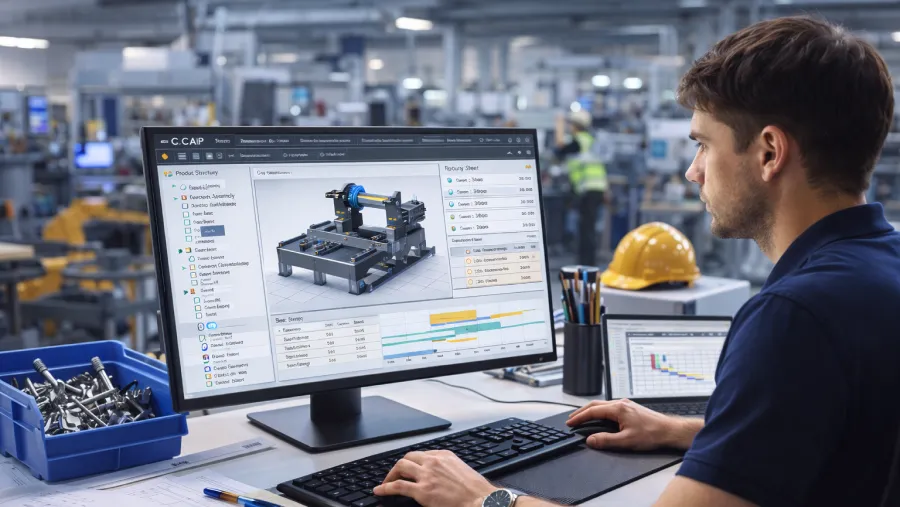 Специалист работает в CAPP, на экране 3D-сборка и график планирования производства.