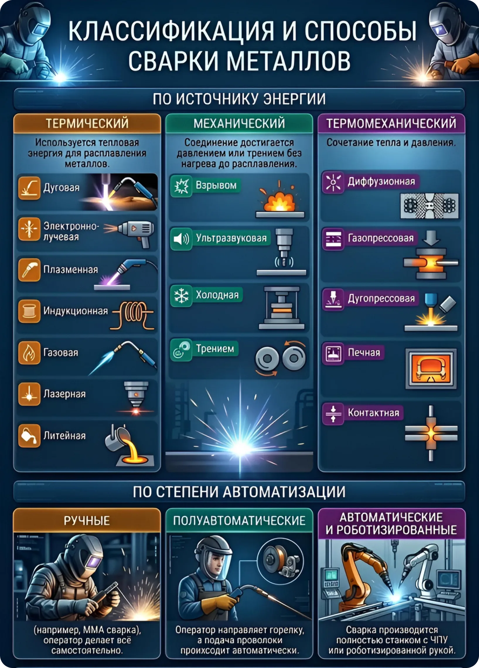Инфографика: виды сварки металлов. Классификация по источнику энергии, автоматизации, среде.