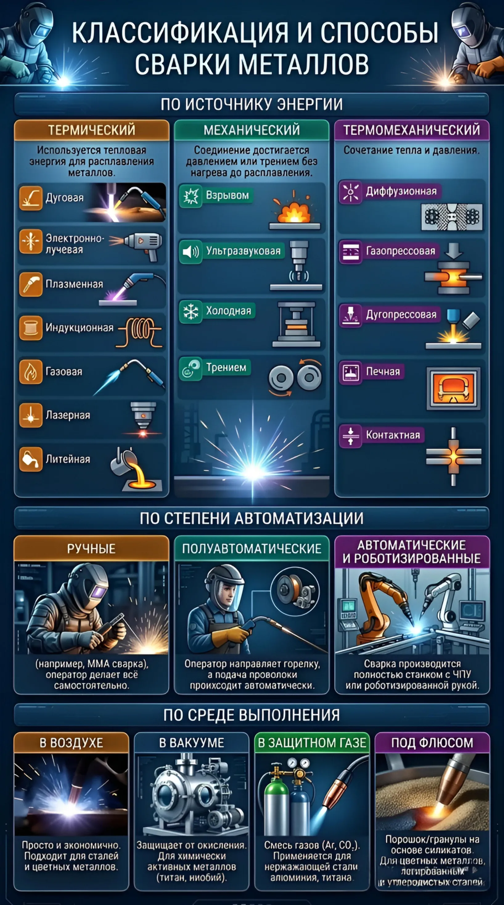 Инфографика: виды сварки металлов. Классификация по источнику энергии, автоматизации, среде.