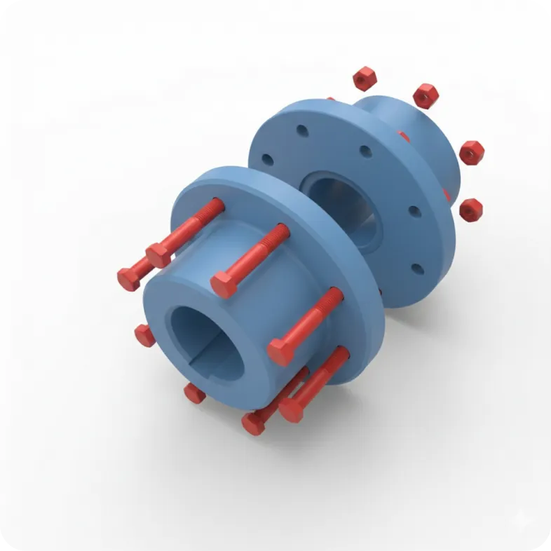 3D-модель фланцевой муфты: синие полумуфты соединяются красными болтами на белом фоне.