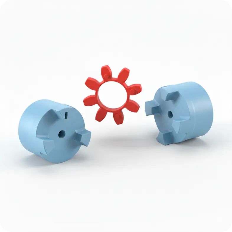 3D-визуализация разобранной кулачковой муфты на белом фоне. Две основные полумуфты развернуты друг к другу внутренними пазами. Между ними центральная эластичная вставка (звездочка)