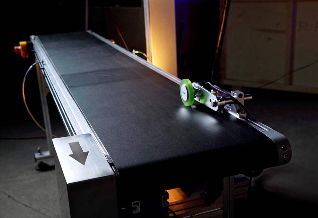 Длинный конвейерный стол для лазерного маркера Wattsan FL-FM с установленным измерительным энкодером.